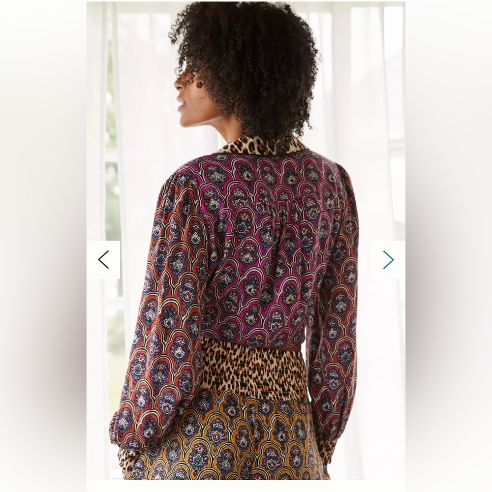 Anthropologie Patterned long sleeves paisley print and leopard collar Top size M - Picture 5 of 15